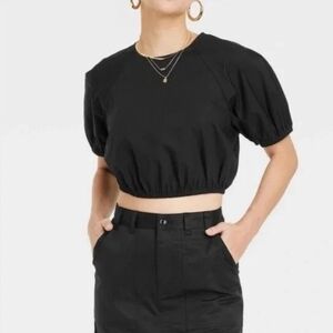 EUC A New Day Women's Size M Puff Sleeve Cropped Blouse Black